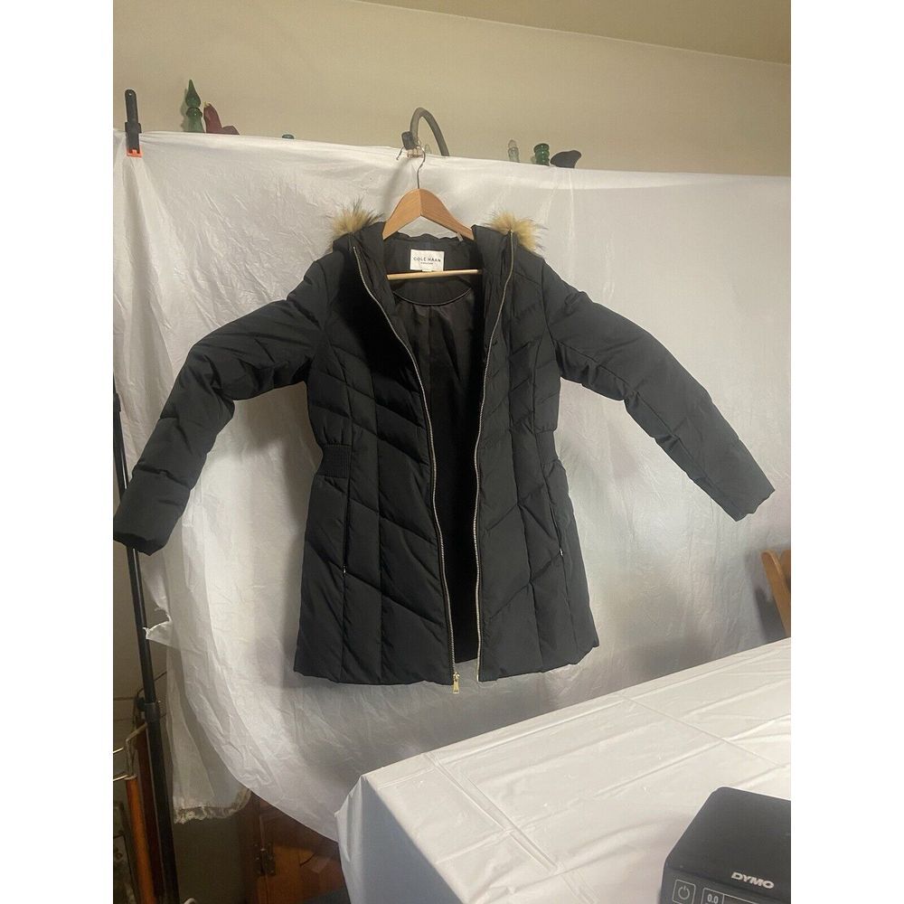Women's Cole Haan Black Chevron Quilt Hooded Down Coat-Faux Fur-NWOT-Size Medium
